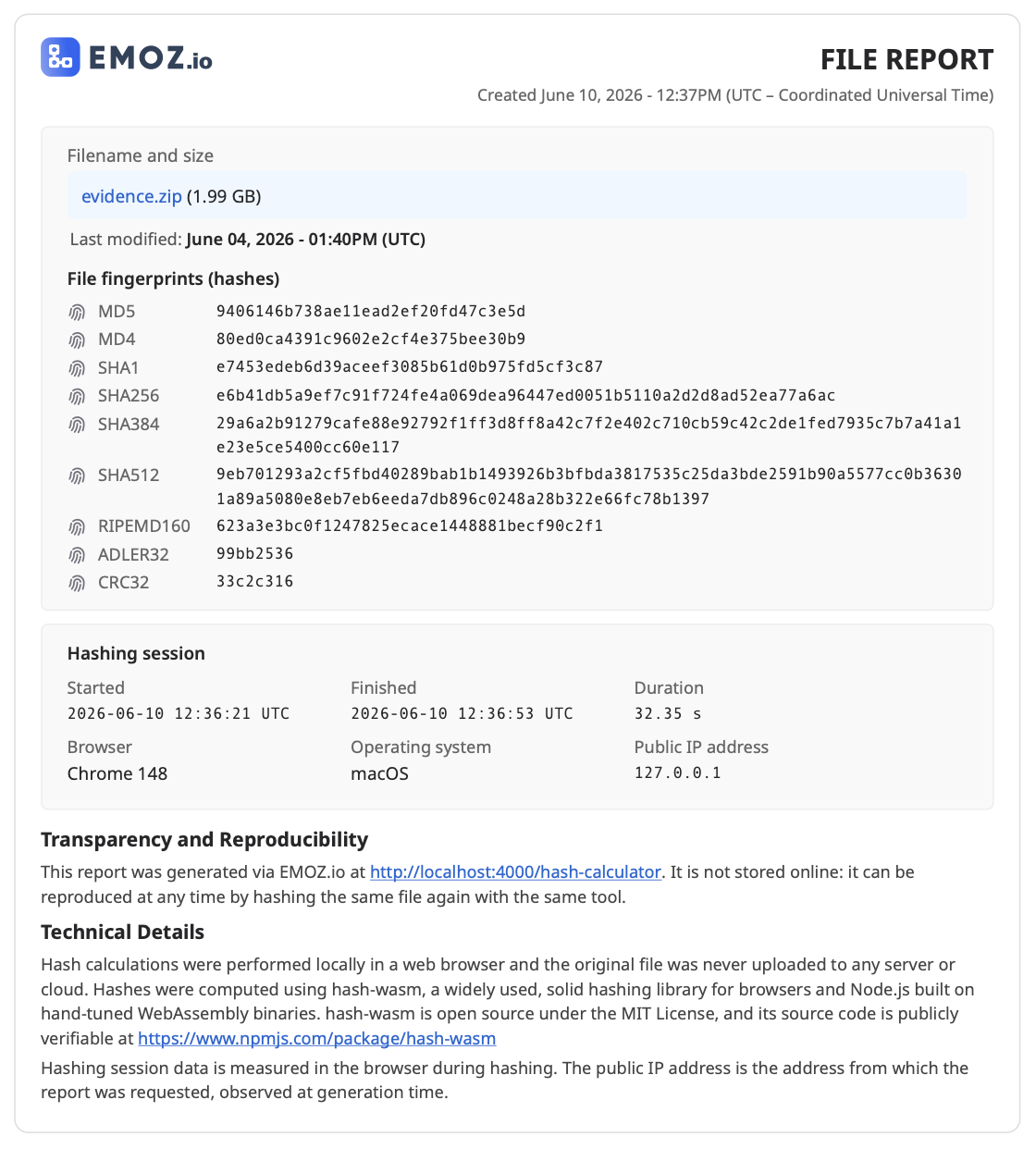 Self-contained PDF file hash report generated by the EMOZ free online hash calculator, with fingerprints and verification details