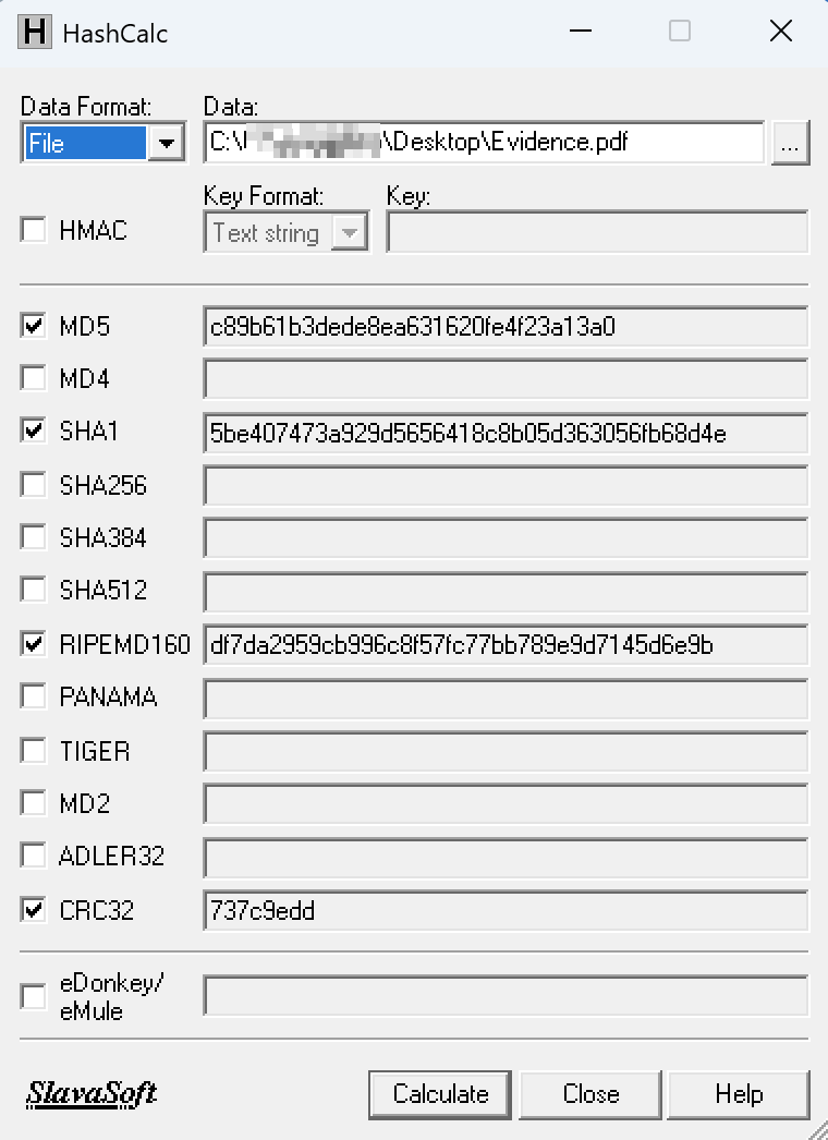 HashCalc by SlavaSoft, the discontinued Windows hash calculator from the early 2000s, hashing an evidence file