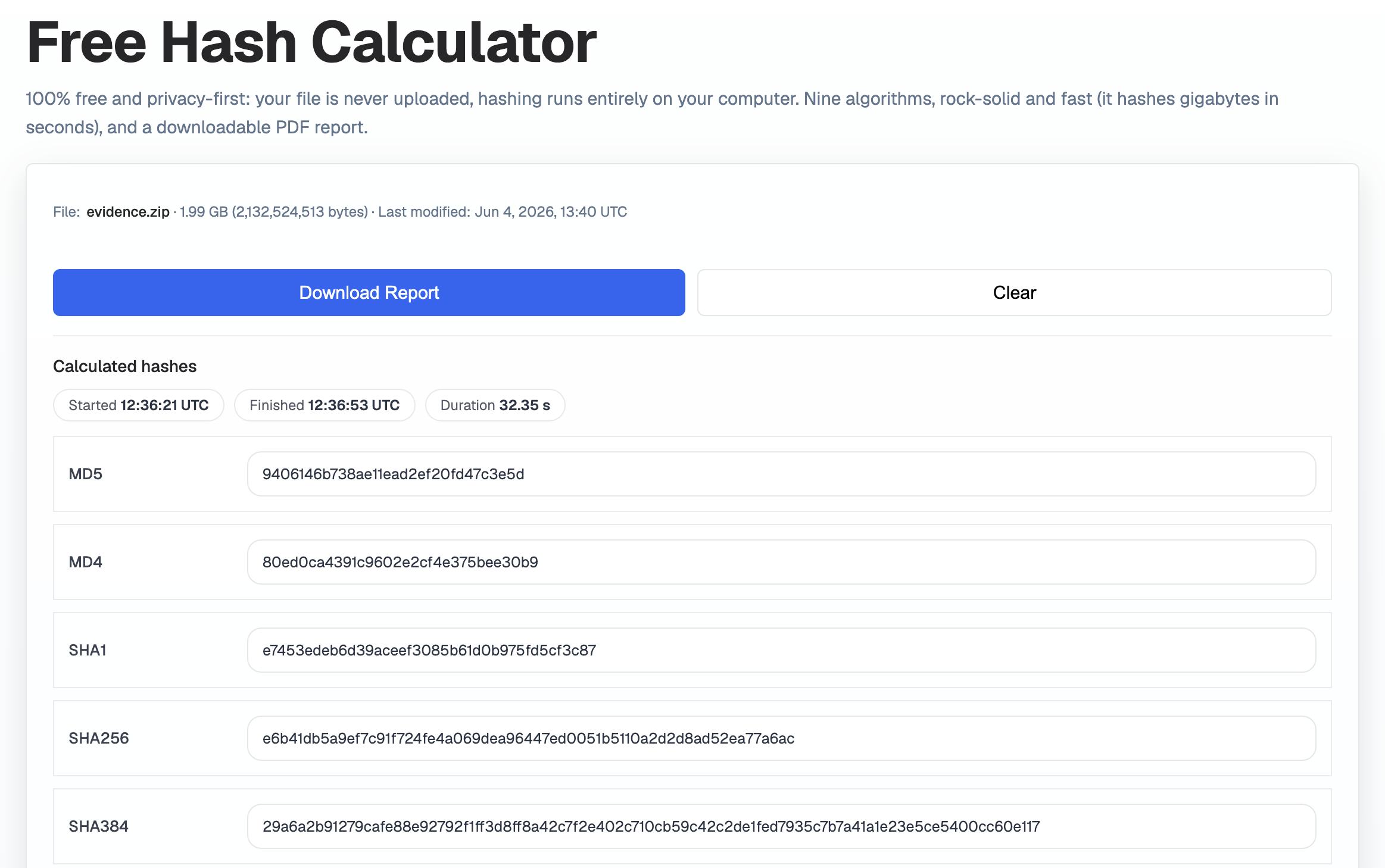 EMOZ free online hash calculator computing nine hash algorithms (MD5, SHA-256, SHA-512) on a 1.99 GB file in 32 seconds