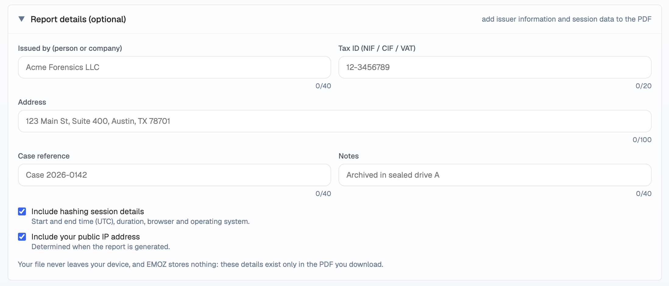 Hash report issuer details form: person or company, tax ID, address, case reference and hashing session data for professional documentation