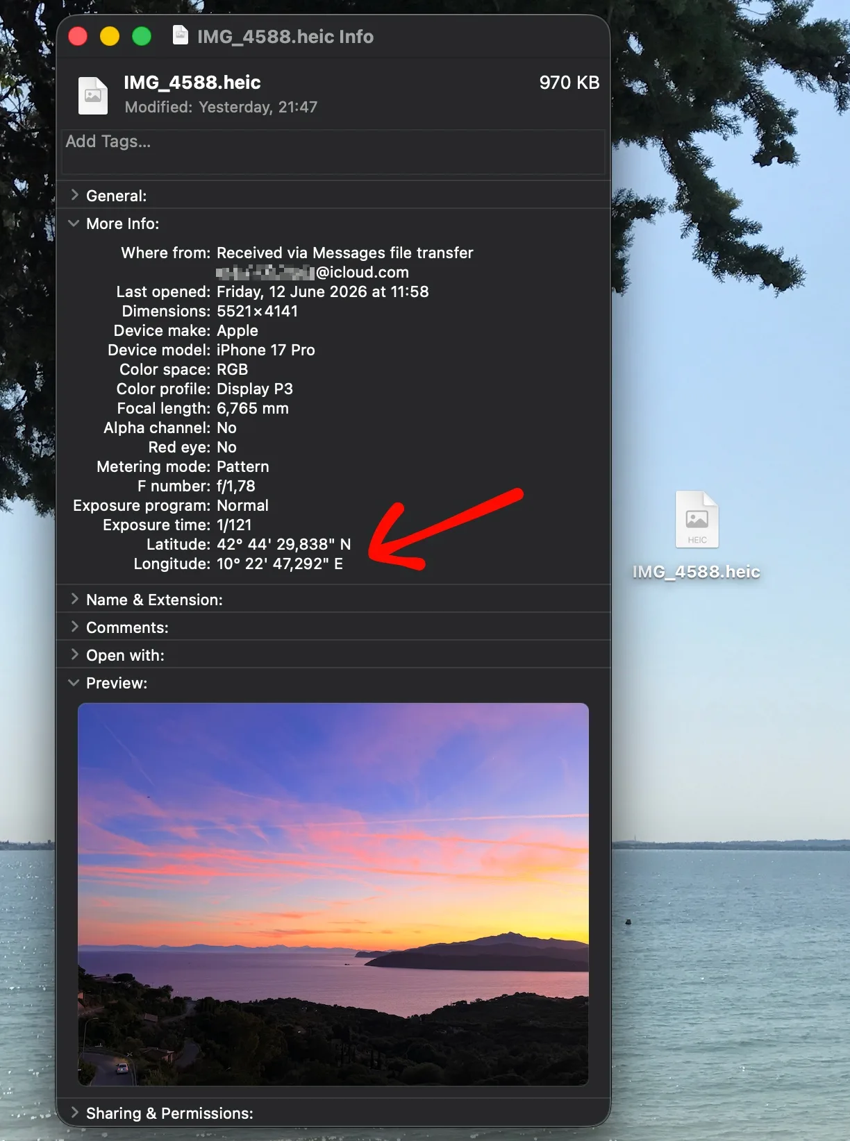 Finder's Get Info panel on the received photo, showing the device model and the exact GPS latitude and longitude